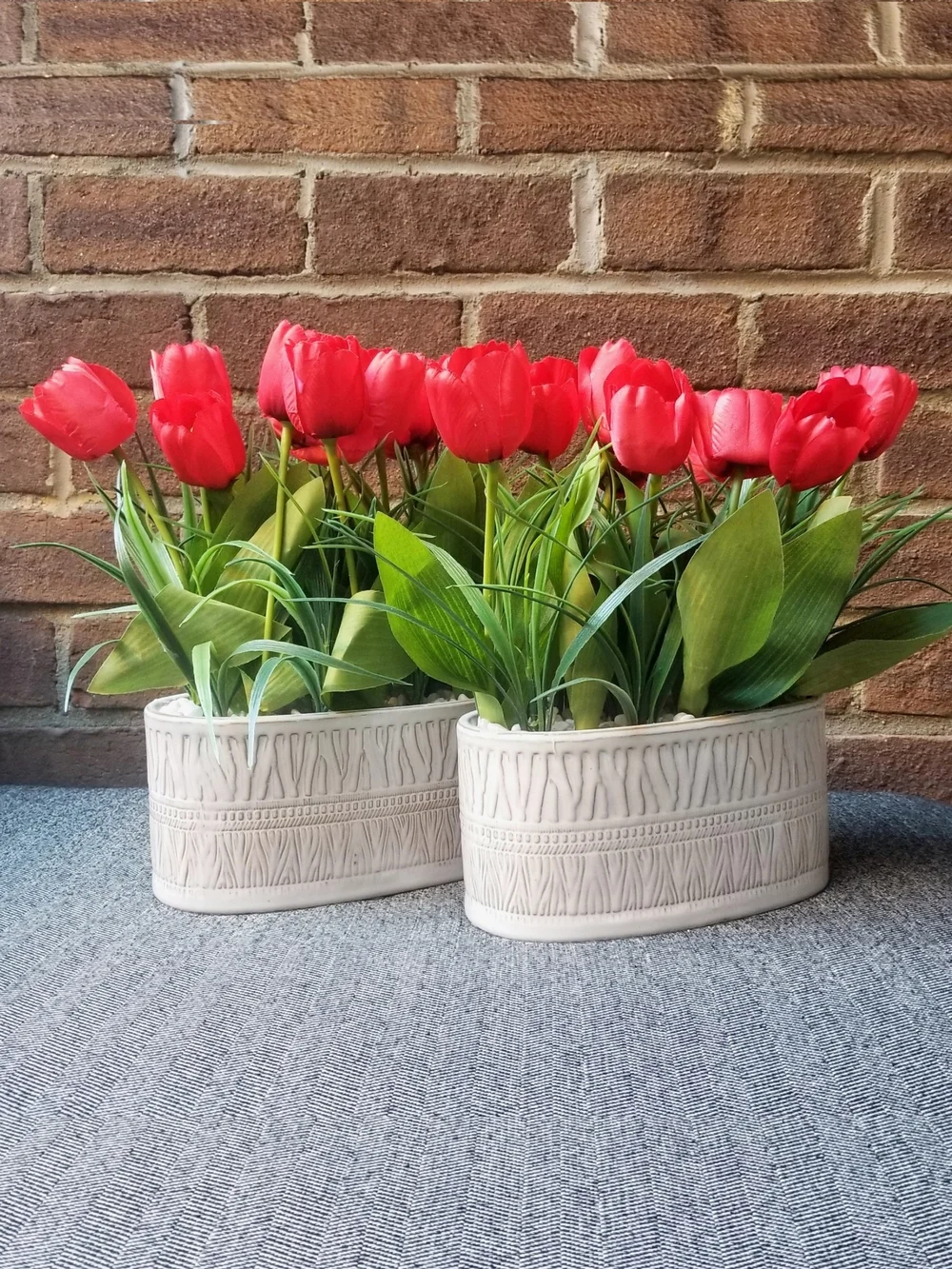Red Tulips Artificial Arrangement in White Glazed Ceramic Planter
